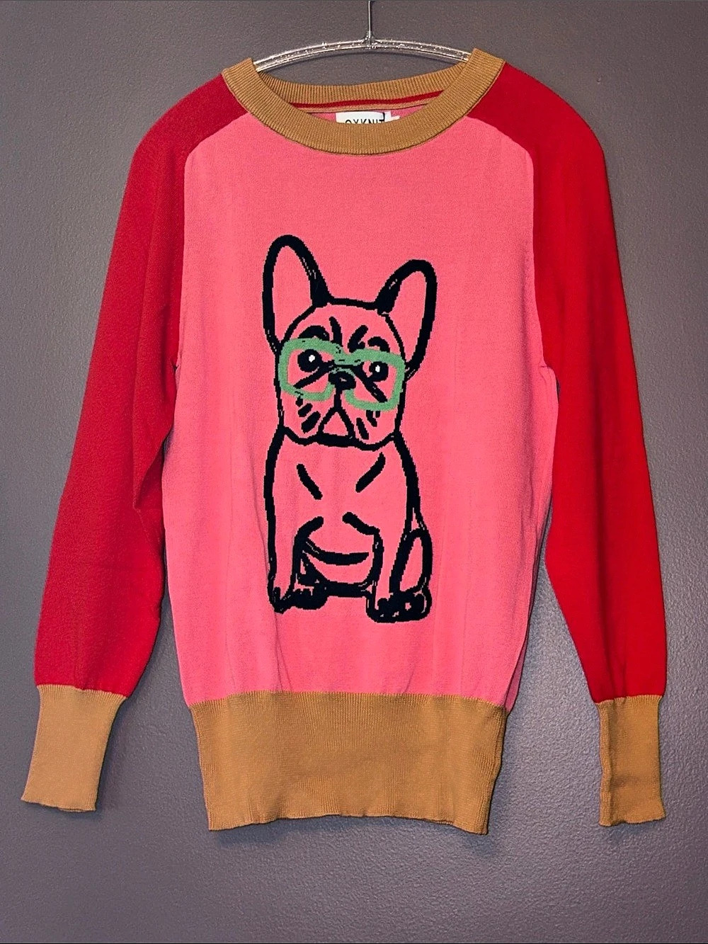 OXKNIT French Bulldog Sweater in Pink & Red NWT Large